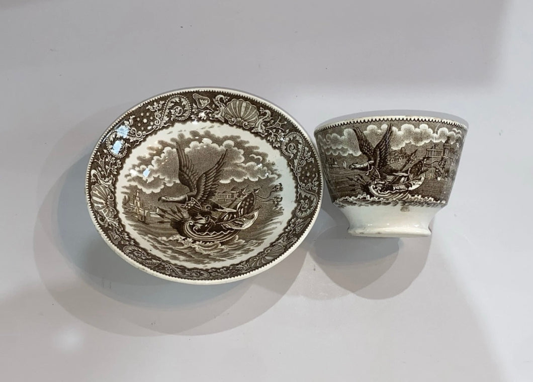 Historical Staffordshire Brown Transfer Eagle On Shell Cup and Saucer 1835