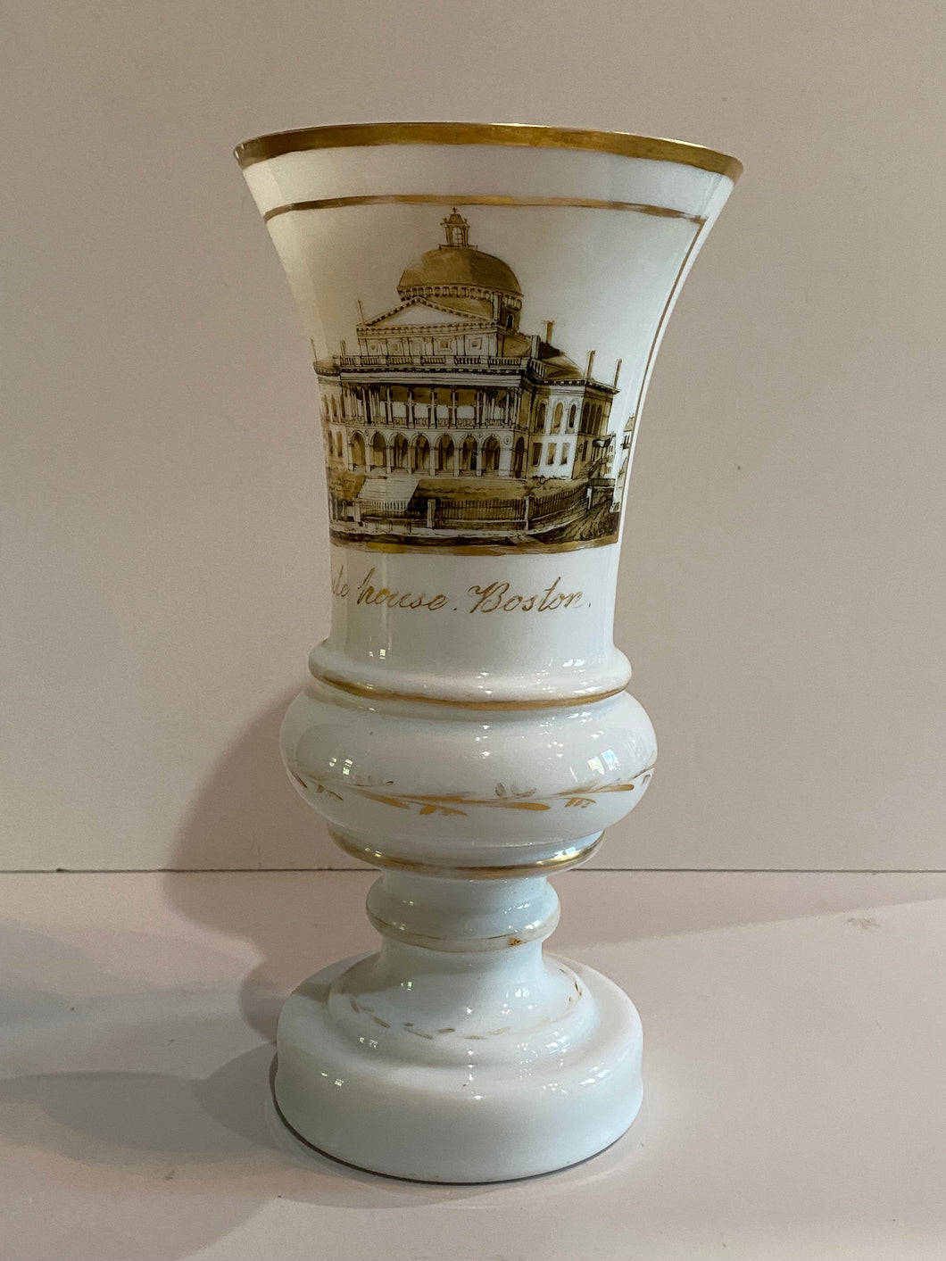 19th Century Historical Bristol Glass Vase With Boston State House Massachusetts