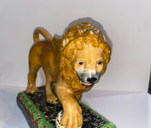 Load image into Gallery viewer, Staffordshire Pearlware Lion Mantle Figure With Globe Ca. 1820’s
