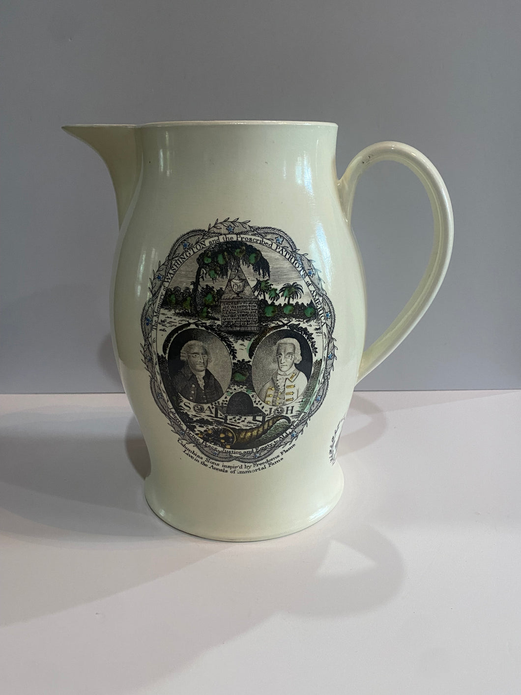 Staffordshire Creamware Liverpool Pitcher Proscribed Patriots with Jefferson Eagle and Ship