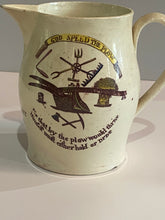 Load image into Gallery viewer, Staffordshire Creamware Small Liverpool pitcher with Polychrome American Ship and Farmers Arms God Speed the Plow
