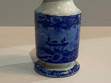 Load image into Gallery viewer, Historical Staffordshire Blue Pepper Pot 2 Men In Sailboat Shell Border Rare
