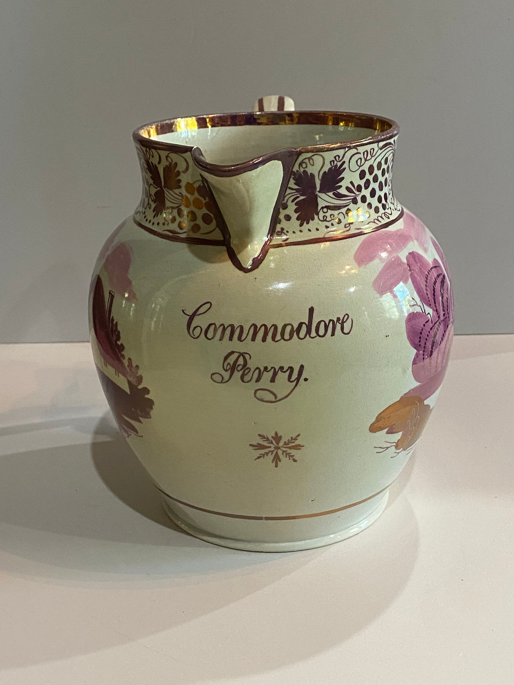 Staffordshire Pink Luster House Pitcher Commodore Perry