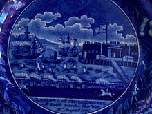 Load image into Gallery viewer, Historical Staffordshire Blue Dinner Plate Landing of Lafayette Castle Gardens
