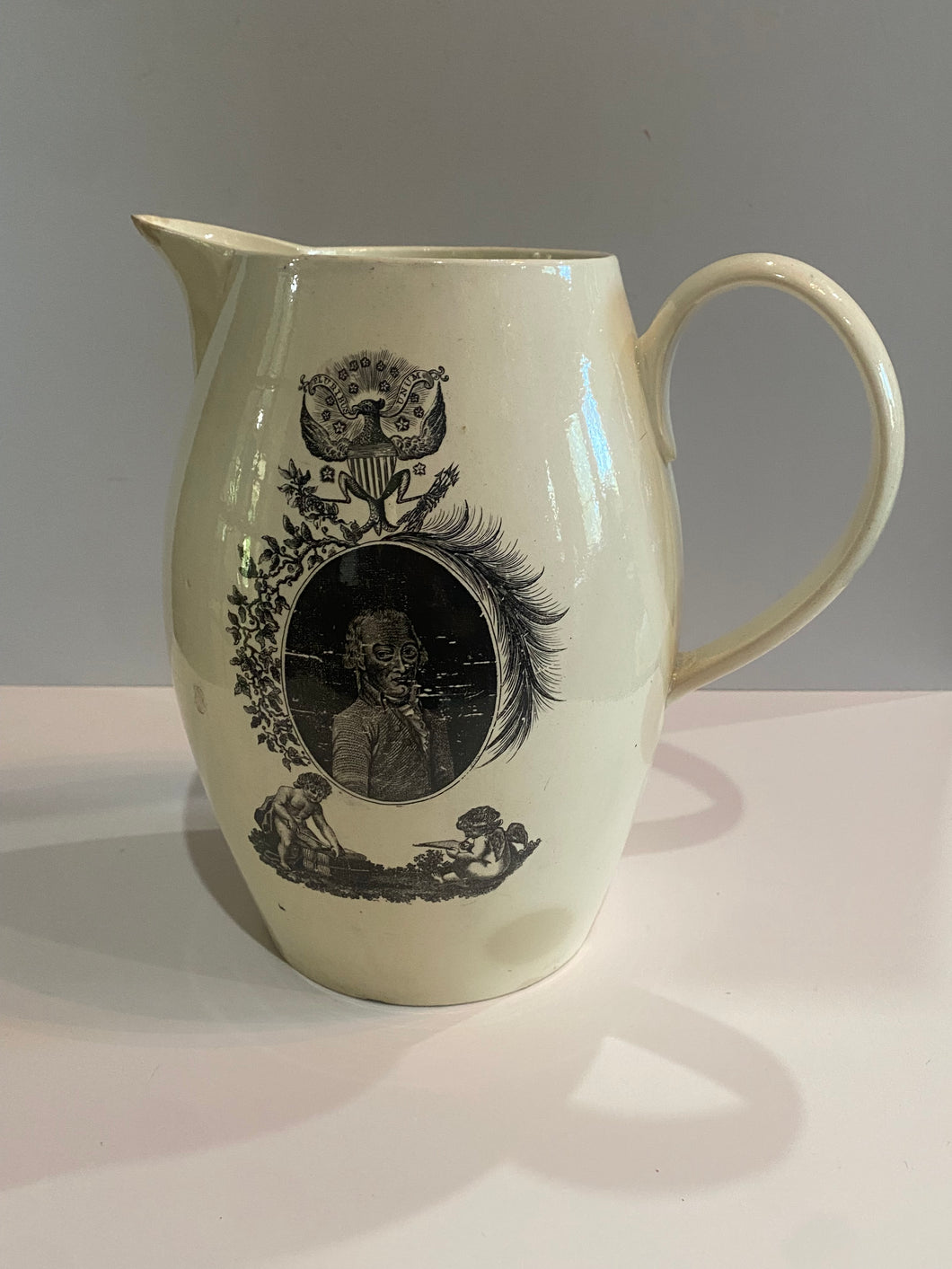Staffordshire Creamware Liverpool Pitcher John Adams with Washington in Glory Large Eagle