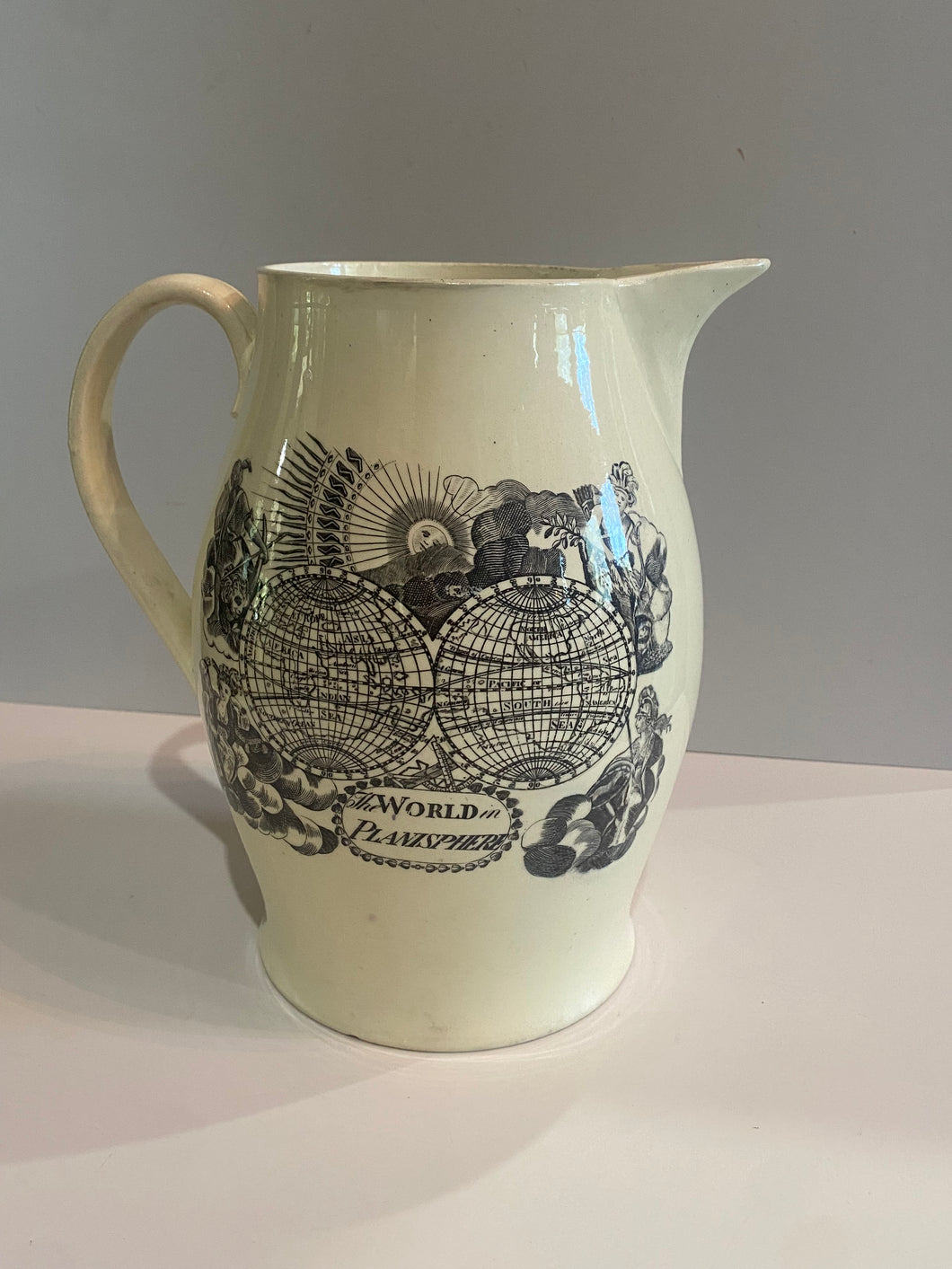 Staffordshire Creamware Liverpool Pitcher World In Planisphere Virtue and Valour Washington
