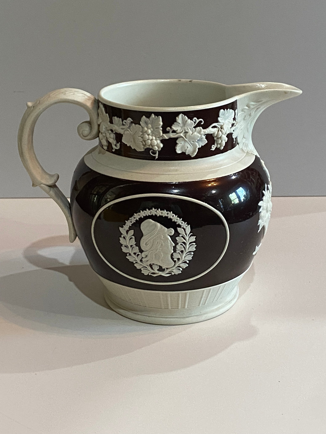 Staffordshire Jasperware Peace and Plenty Seal of the United States and Columbia Pitcher Ca. 1820’s