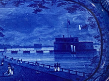 Load image into Gallery viewer, Historical Staffordshire Blue Castle Gardens Battery New York Platter Ca. 1825 18 3/4”
