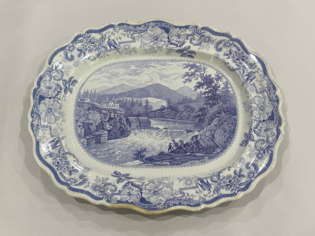 Historical Staffordshire Light Mulberry Transfer Platter Little Falls at Luzern Hudson River 1835