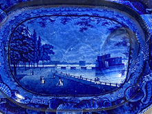 Load image into Gallery viewer, Historical Staffordshire Blue Platter Well Tree Castle Gardens Battery New York
