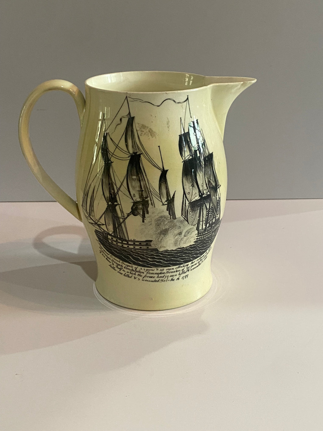 Staffordshire Creamware Liverpool Pitcher American Frigate Constellation Ship Building Scene