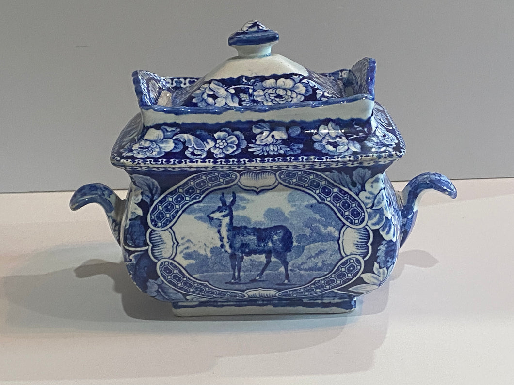 Historical Staffordshire Quadruped Sugar Bowl Tibetan Musket Deer 1825