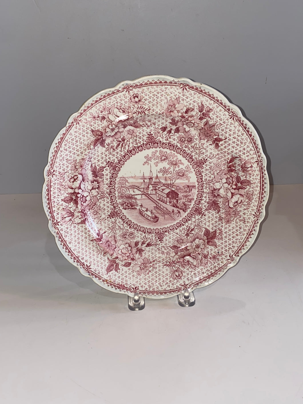 Historical Staffordshire Pink Transfer Plate Erie Canal of Buffalo Ca. 1835