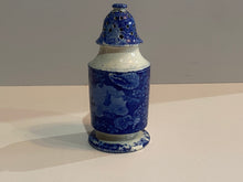 Load image into Gallery viewer, Historical Staffordshire Blue Pepper Pot 2 Men In Sailboat Shell Border Rare
