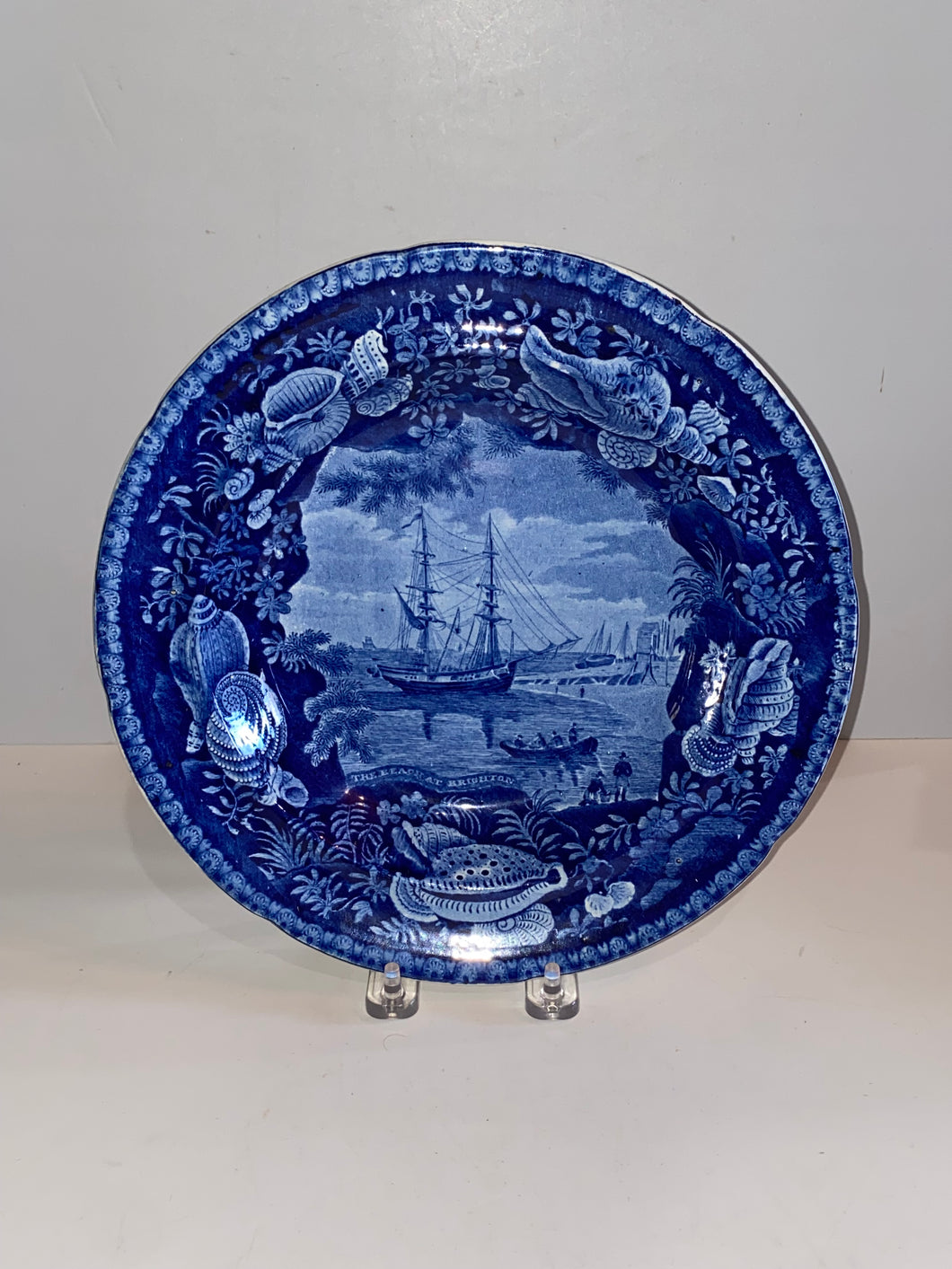 Historical Staffordshire Blue Soup Plate The Beach At Brighton Ca. 1825