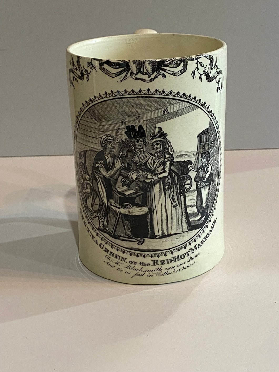 Staffordshire Creamware Liverpool Tankard Mug Gretna Green or the Red Hot Marriage