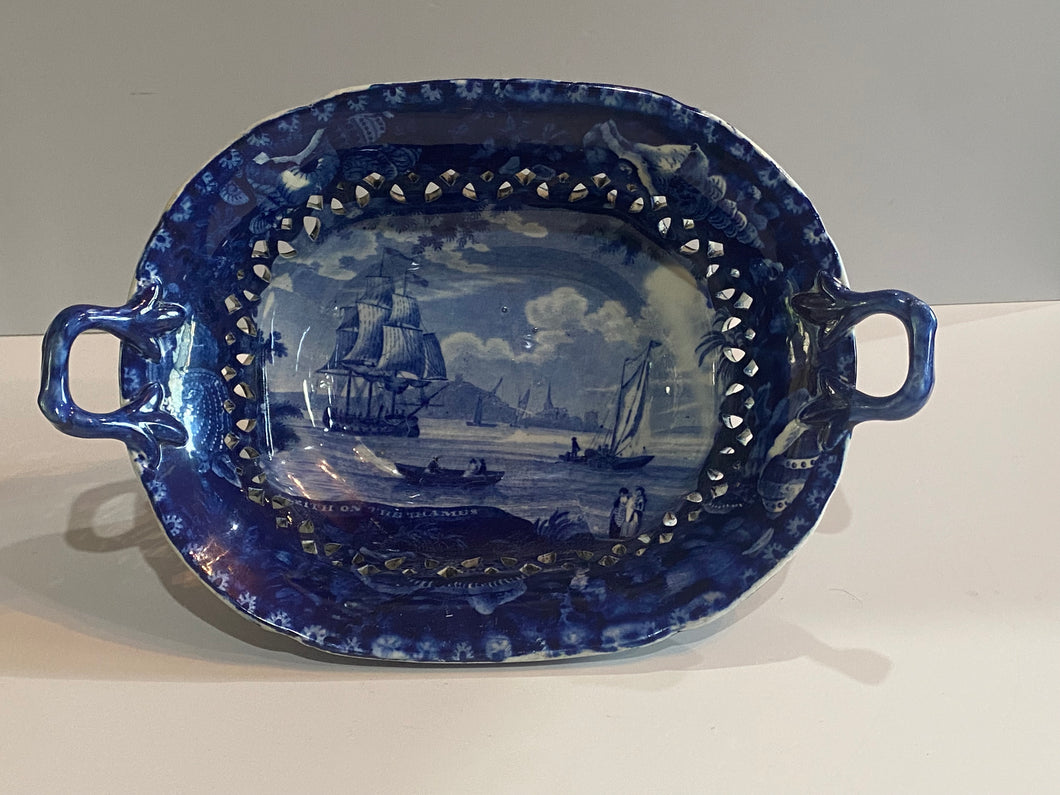 Historical Staffordshire Blue Reticulated Basket Eirth on the Thames Scare View on this Form