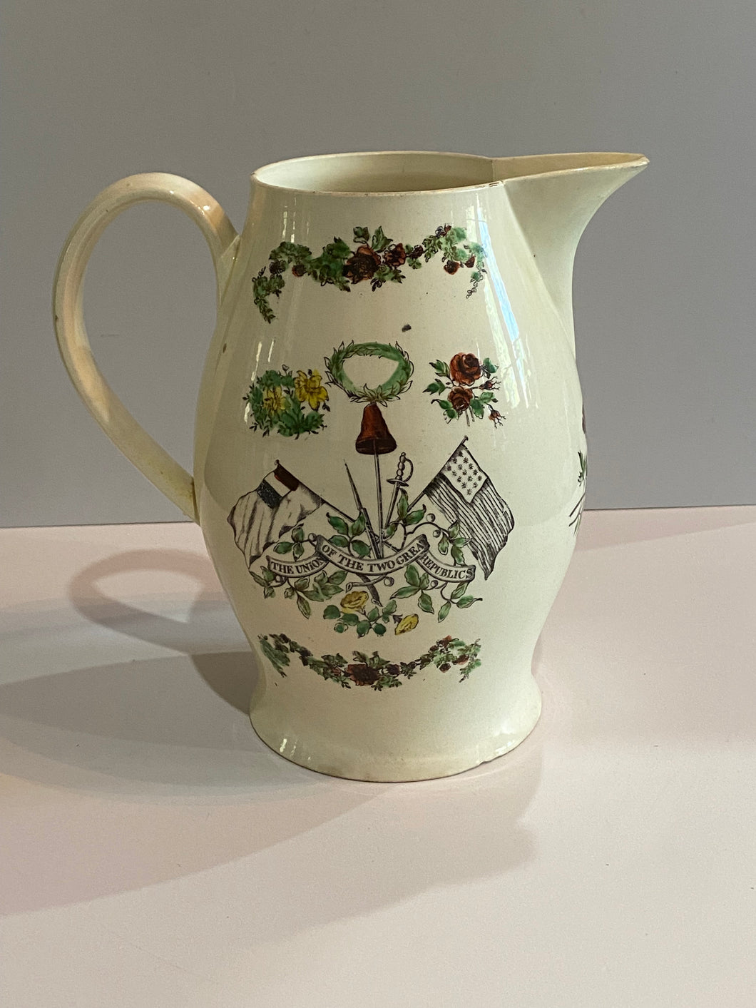 Staffordshire Creamware Liverpool pitcher with “The Union of the Two Great Republics”