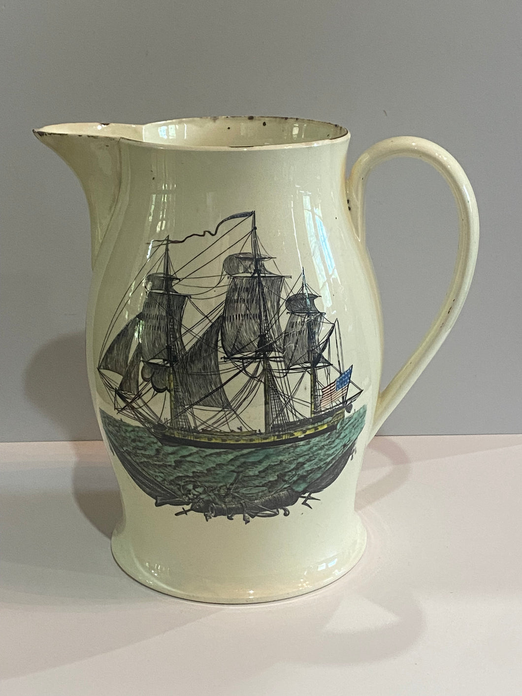 Staffordshire Creamware Liverpool Pitcher Polychrome American Ship Eagle Masonic