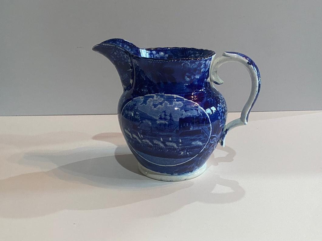 Historical Staffordshire Blue Pitcher in the Landing of Lafayette Pattern Ca. 1825