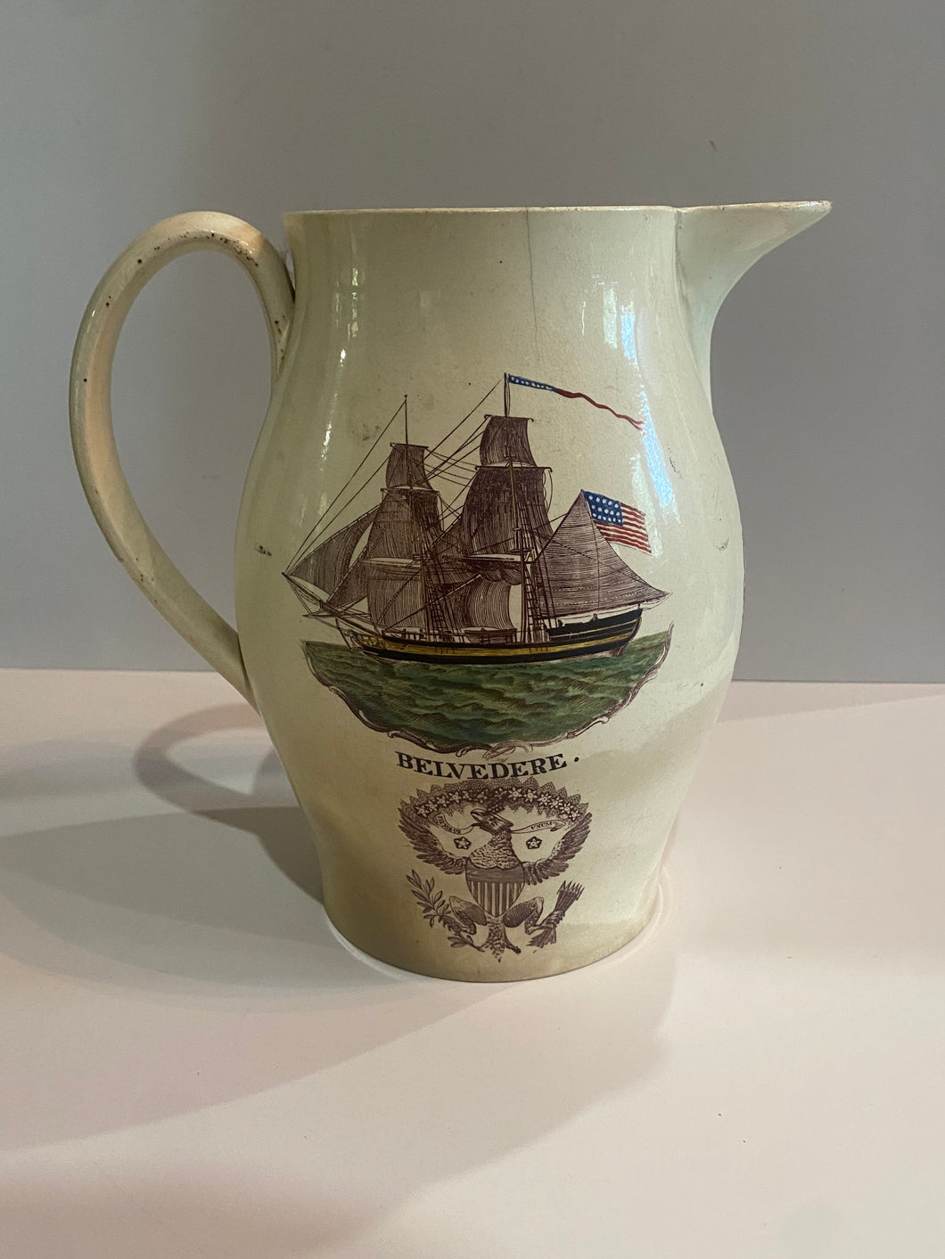 Staffordshire Creamware Liverpool Pitcher Polychrome Ship Belvedere Washington In Glory