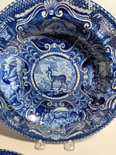 Load image into Gallery viewer, Staffordshire Blue Transfer Soup Plate Quadrupeds Tibetan Mule Deer Ca. 1825
