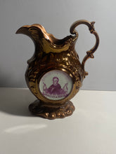 Load image into Gallery viewer, Historical Staffordshire Copper Luster Pitcher William Henry Harrison Log Cabin
