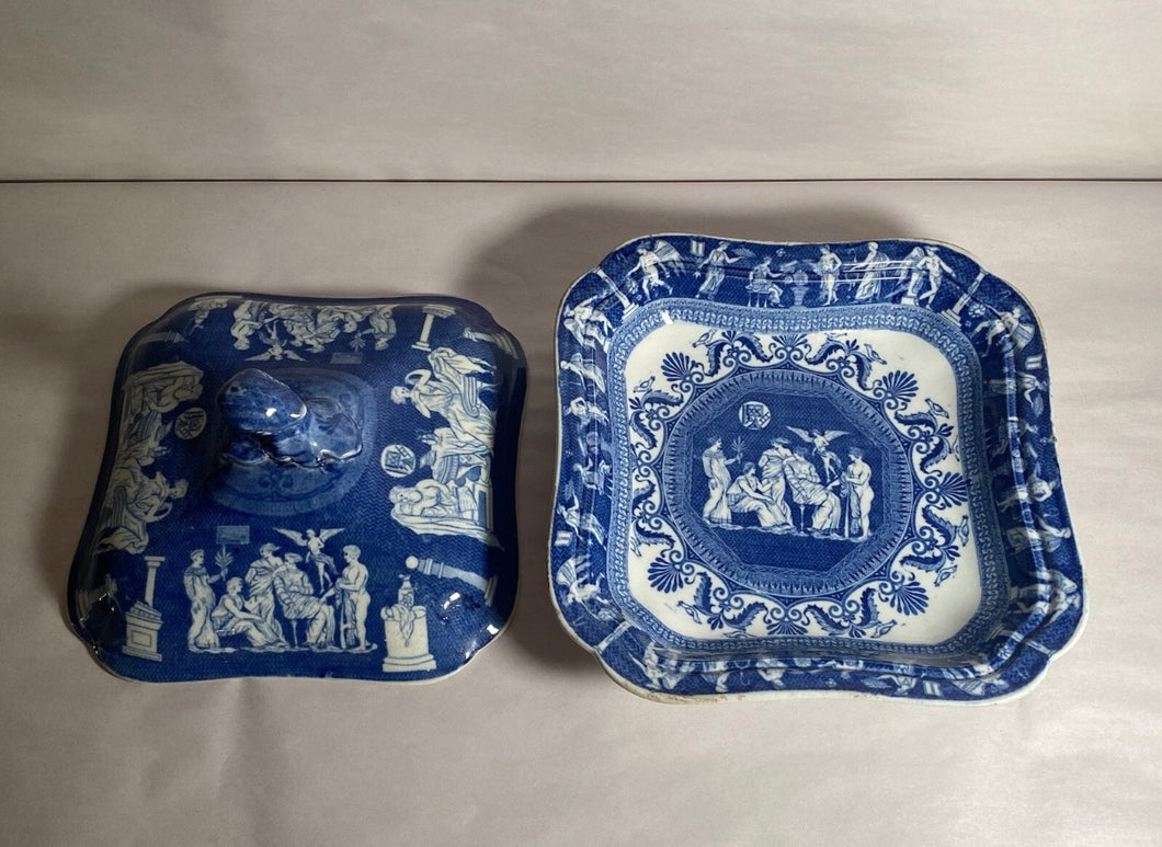 Historical Staffordshire Blue Vegetable Dish Masonic Transfer Greek Figures 1825