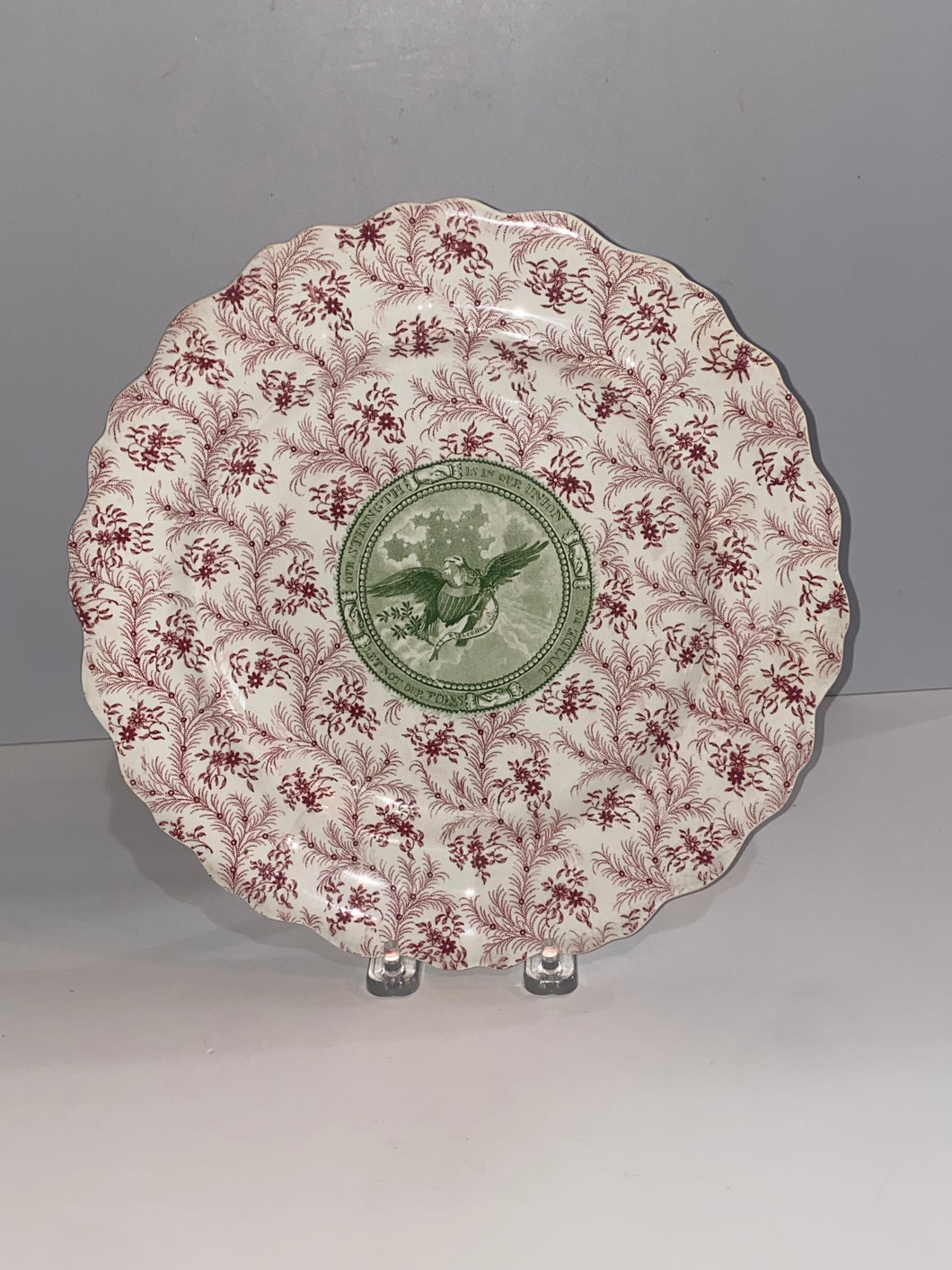 Historical Staffordshire Pink and Green Eagle Plate Our Strength Is in Our Union Rare