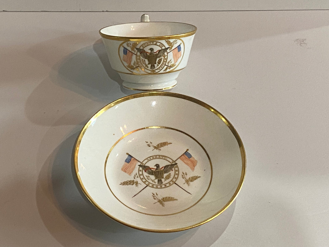 Staffordshire Porcelain Cup and Saucer Set with Seal of the United States