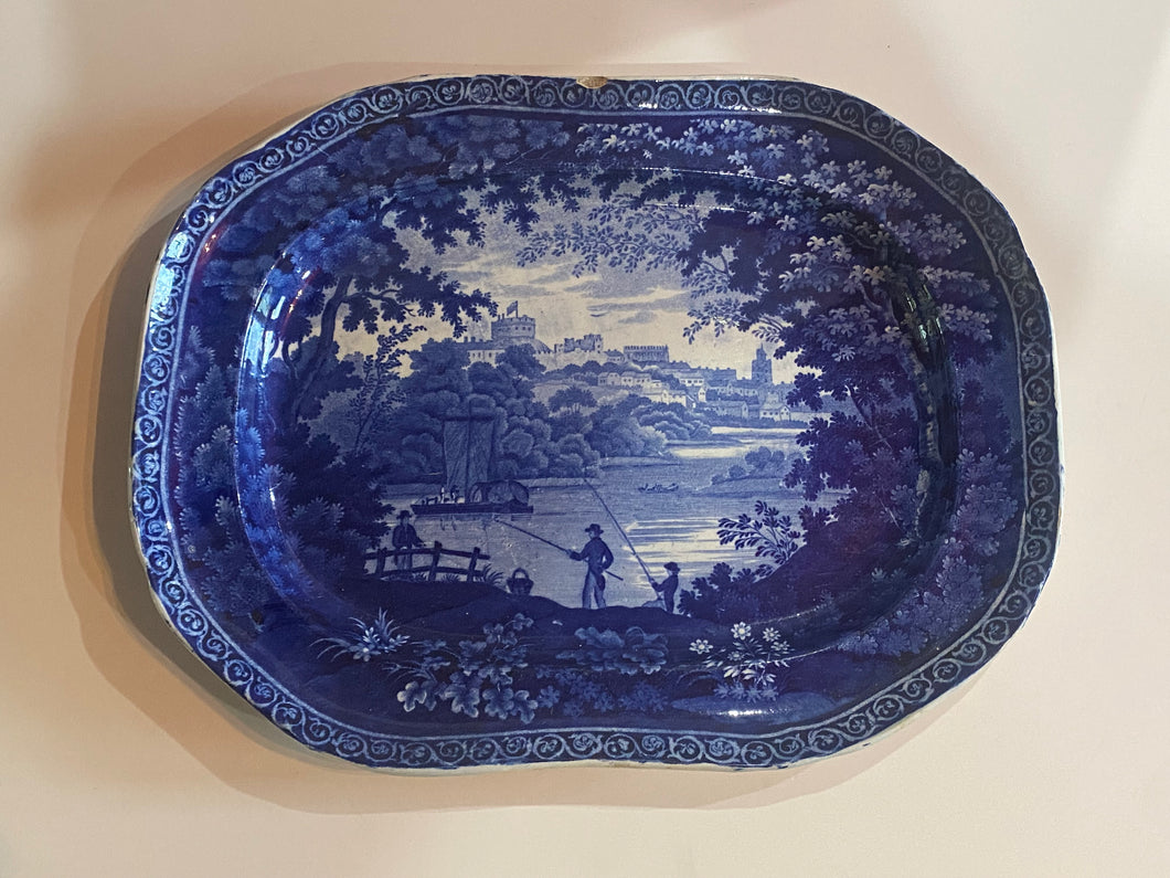 Historical Staffordshire Blue Platter English Castle River Scene Ca. 1825
