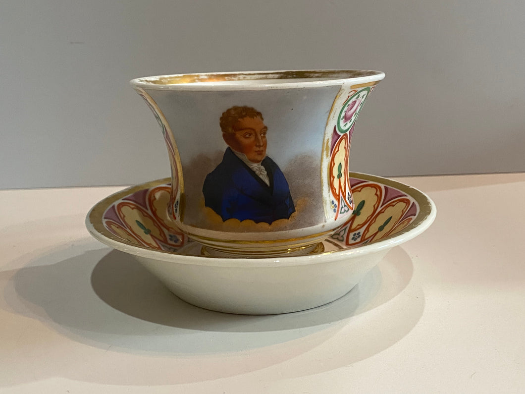19th Century Hand Painted Porcelain Cup and Saucers General Lafayette