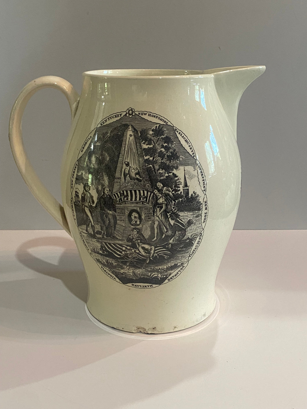 Staffordshire Creamware Liverpool Pitcher Washington Memorial with Chain of States And Peace and Plenty