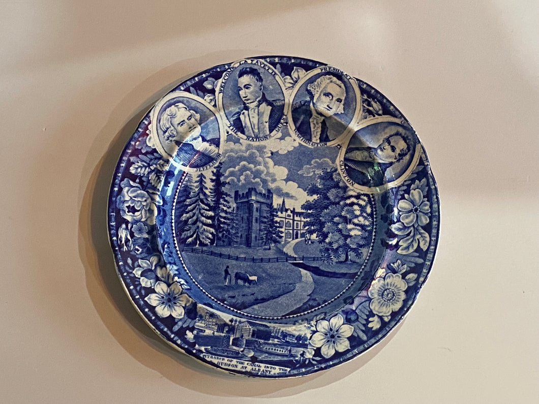 Historical Staffordshire Blue 4 Medallion Plate Faulksborne Hall Erie Canal