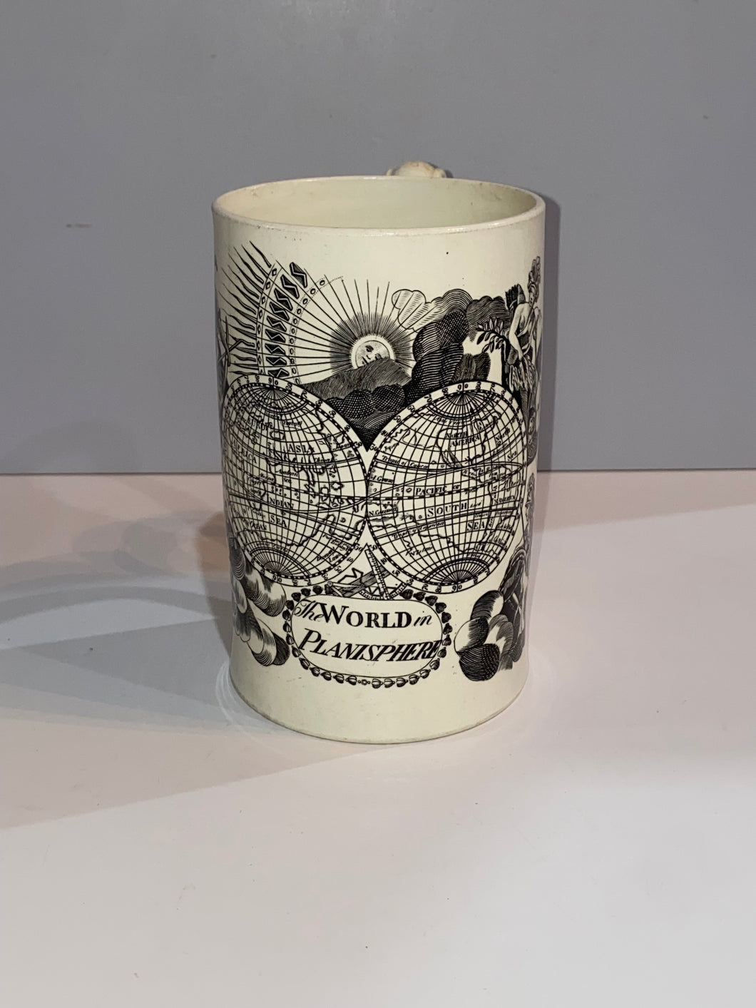 Staffordshire Creamware Liverpool Tankard The World in Planisphere Ca. 1800