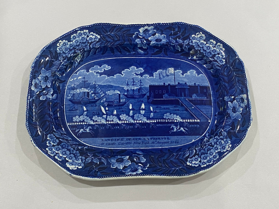 Historical Staffordshire Blue Landing of Lafayette Platter 15 1/4”