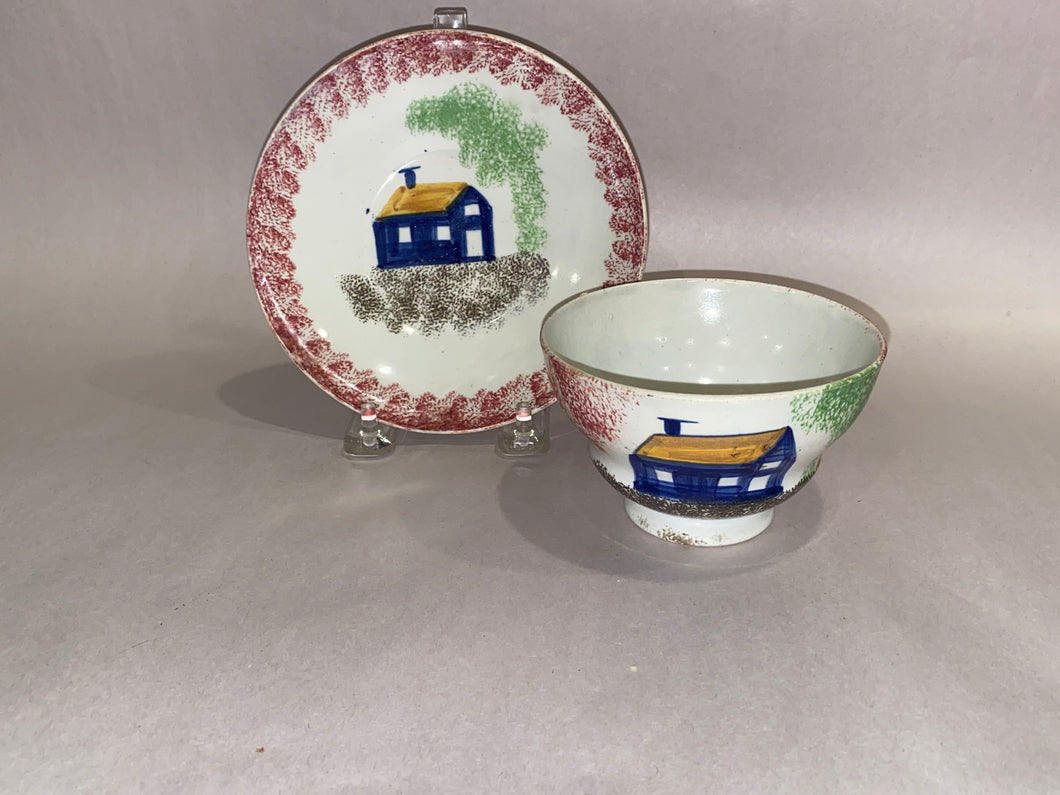 Staffordshire Red Spatterware Schoolhouse Cup And Saucer Ca. 1830