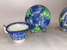 Load image into Gallery viewer, Rainbow Spatterware Childs Size Cup and Saucer Blue and Green Ca. 1830
