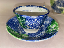 Load image into Gallery viewer, Rainbow Spatterware Childs Size Cup and Saucer Blue and Green Ca. 1830
