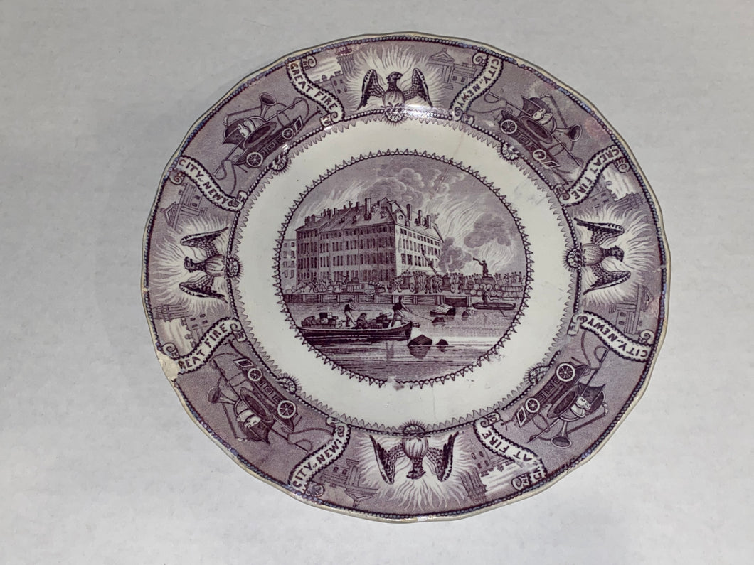 Historical Staffordshire Purple Transfer Great Fire New York Plate Ca 1835