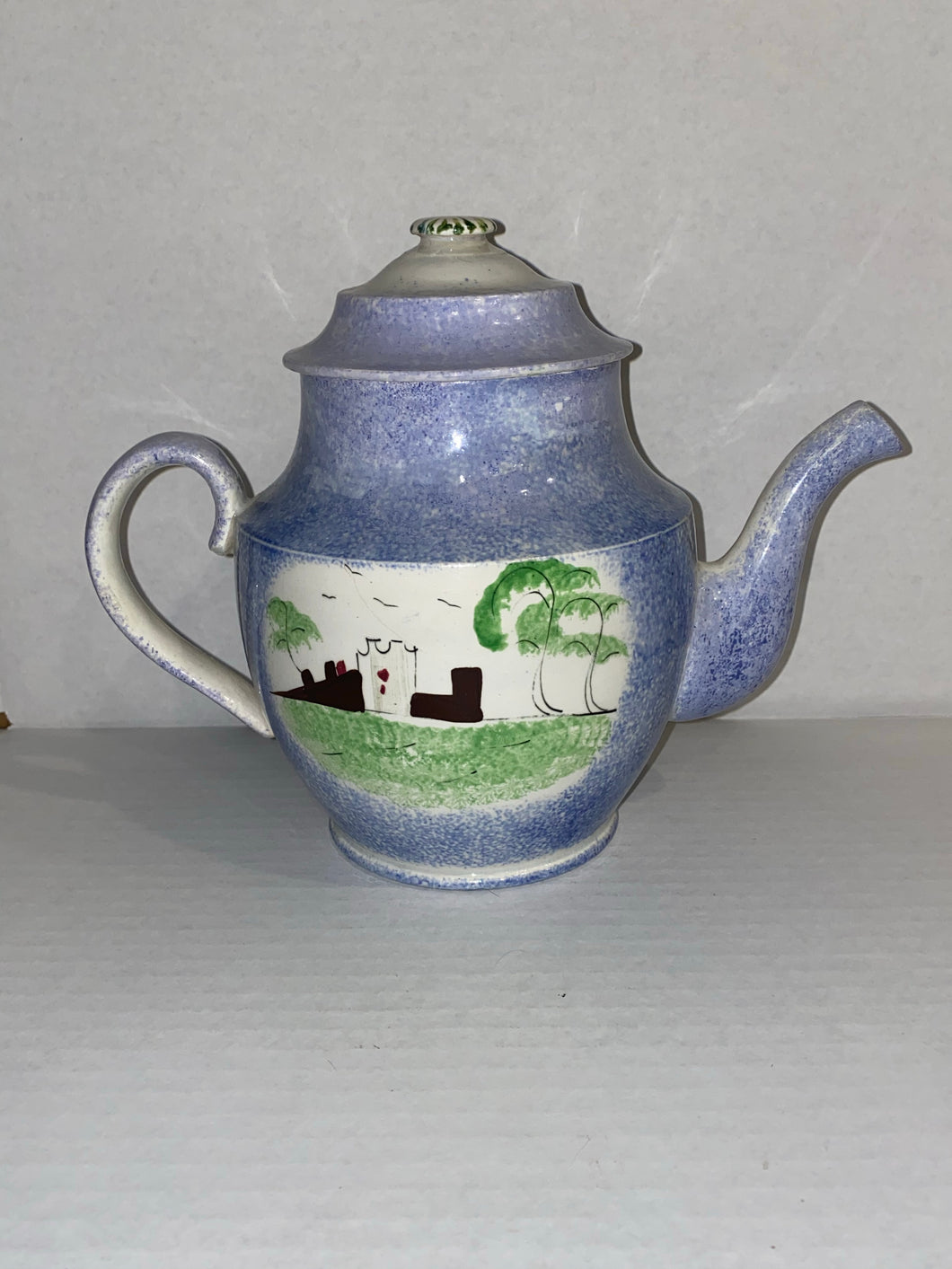 Spatterware Spatter Blue Fort Pattern Teapot Ca. 1830
