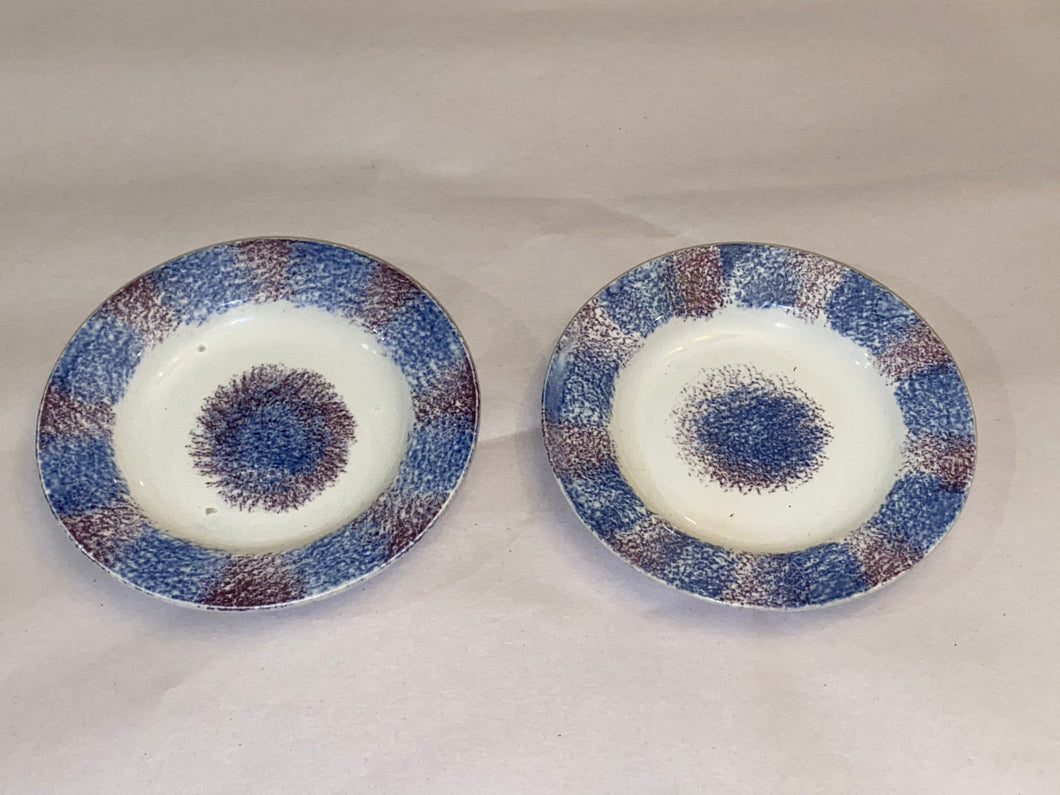 Staffordshire Spatterware Pair Of Cup Plates Rainbow Spatter Purple Blue 1830