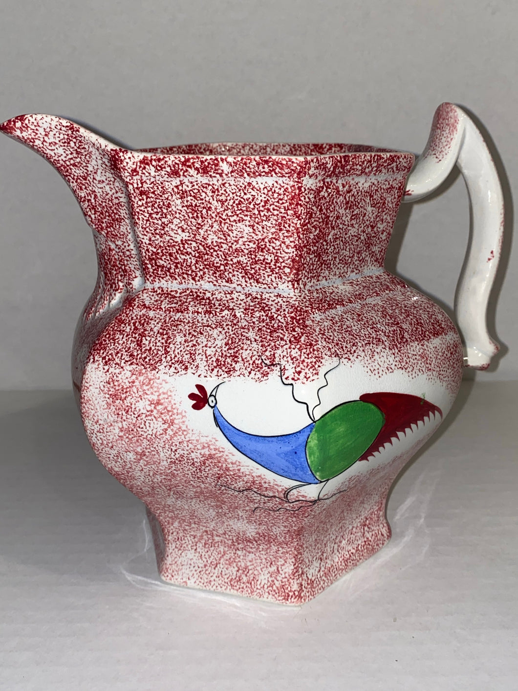Spatterware Peafowl Large Water Pitcher Red Spatter Ca. 1830