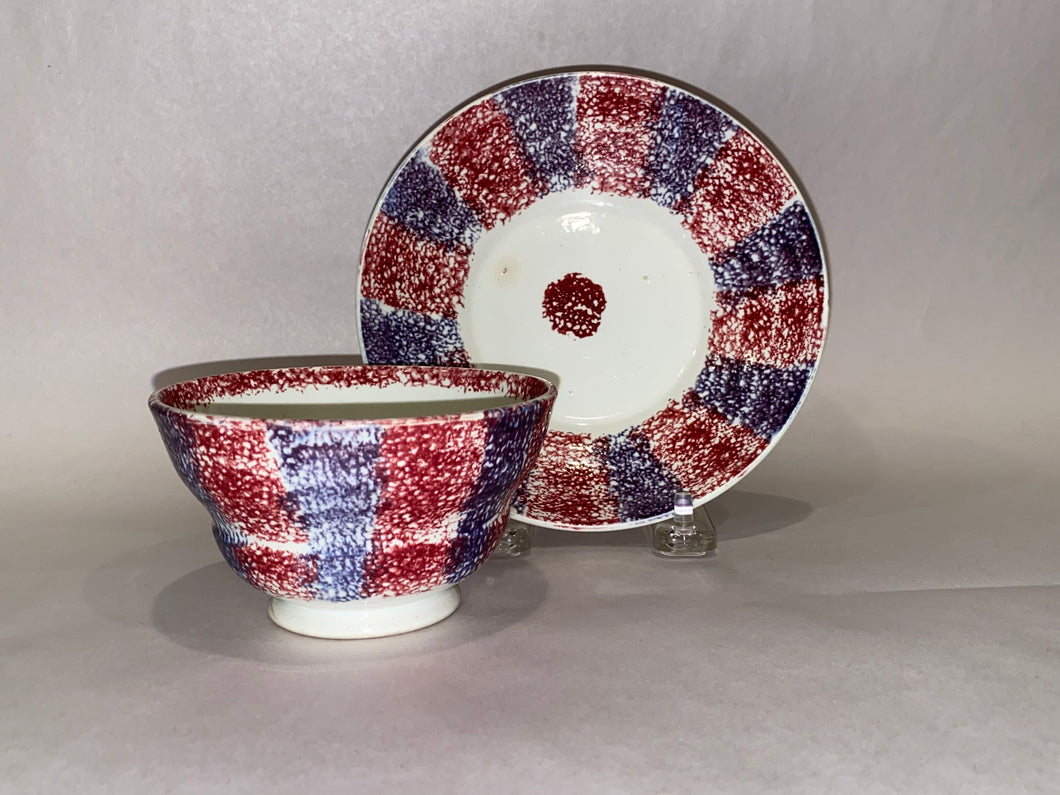 Spatterware Rainbow Spatter Magenta and Purple Cup and Saucer Ca. 1830