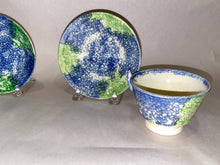 Load image into Gallery viewer, Rainbow Spatterware Childs Size Cup and Saucer Blue and Green Ca. 1830
