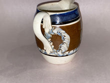 Load image into Gallery viewer, Staffordshire Mochaware Barrel Form Creamer with Earthworm Blue Coggled Rim Ca. 1820
