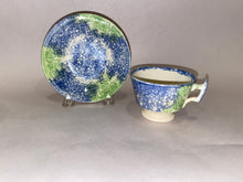 Load image into Gallery viewer, Rainbow Spatterware Childs Size Cup and Saucer Blue and Green Ca. 1830
