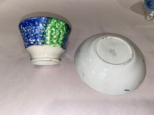 Load image into Gallery viewer, Rainbow Spatterware Childs Size Cup and Saucer Blue and Green Ca. 1830
