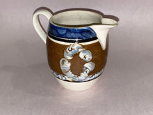 Load image into Gallery viewer, Staffordshire Mochaware Barrel Form Creamer with Earthworm Blue Coggled Rim Ca. 1820
